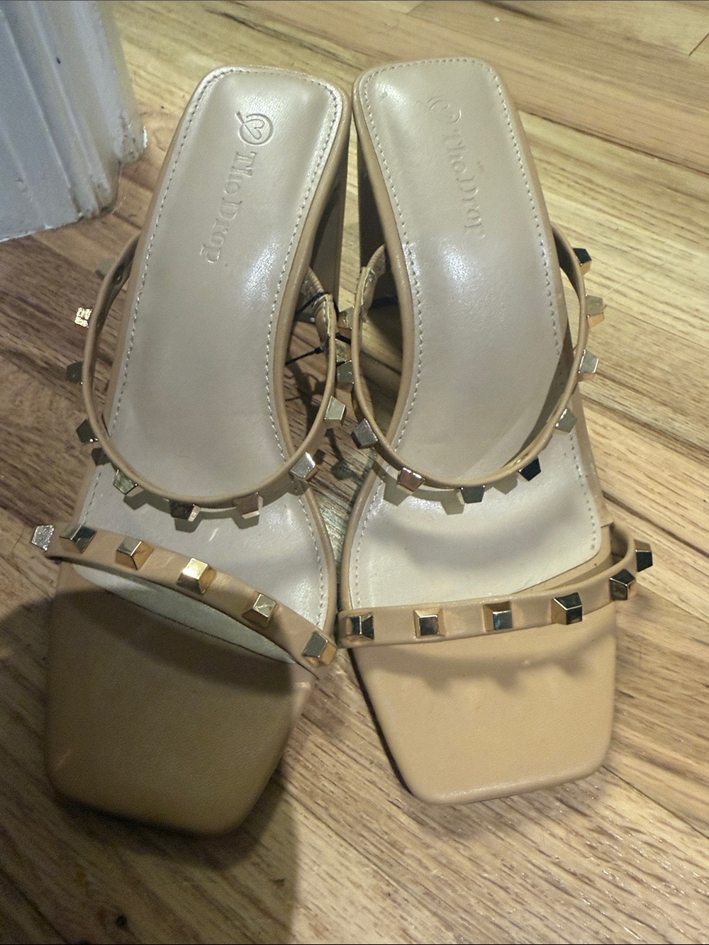 Studded Tan Slide Heels with Square Toe